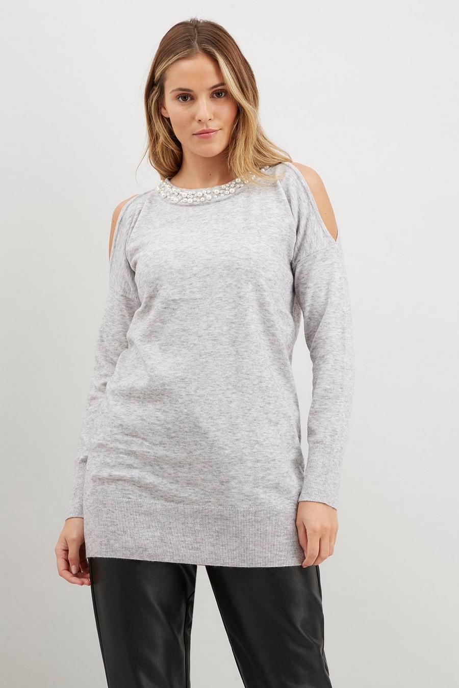 Pearl Neck Cold Shoulder Tunic