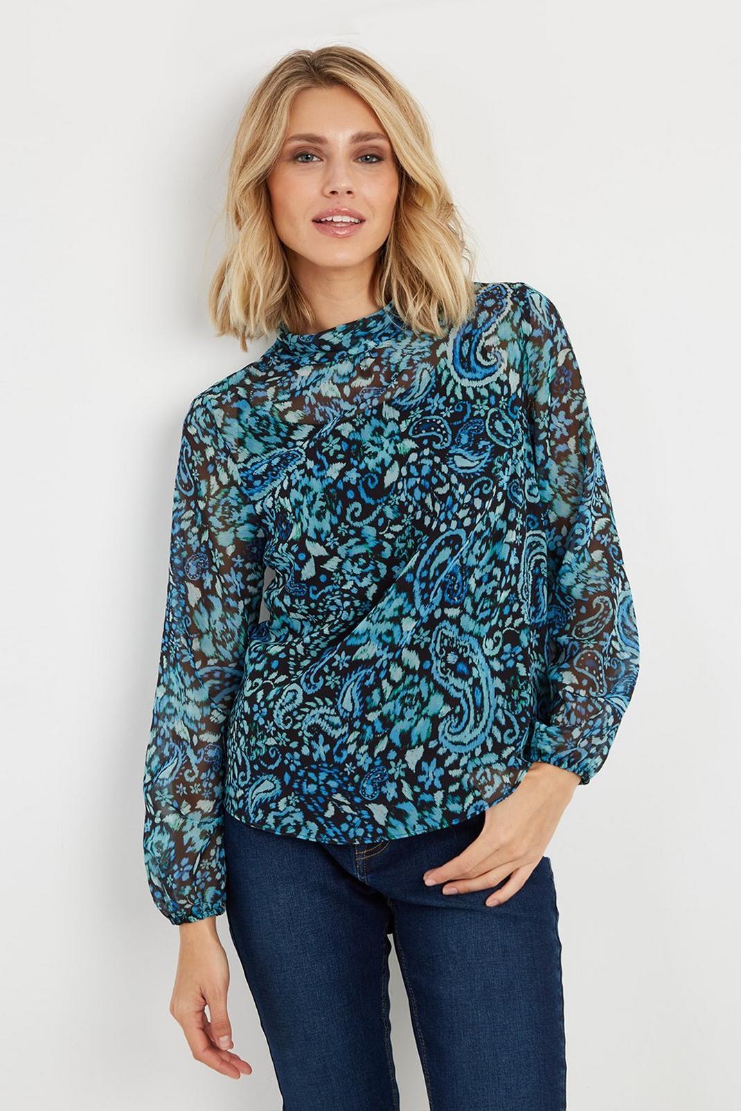 168 Petite Teal Paisley Roll Neck Top image number 1
