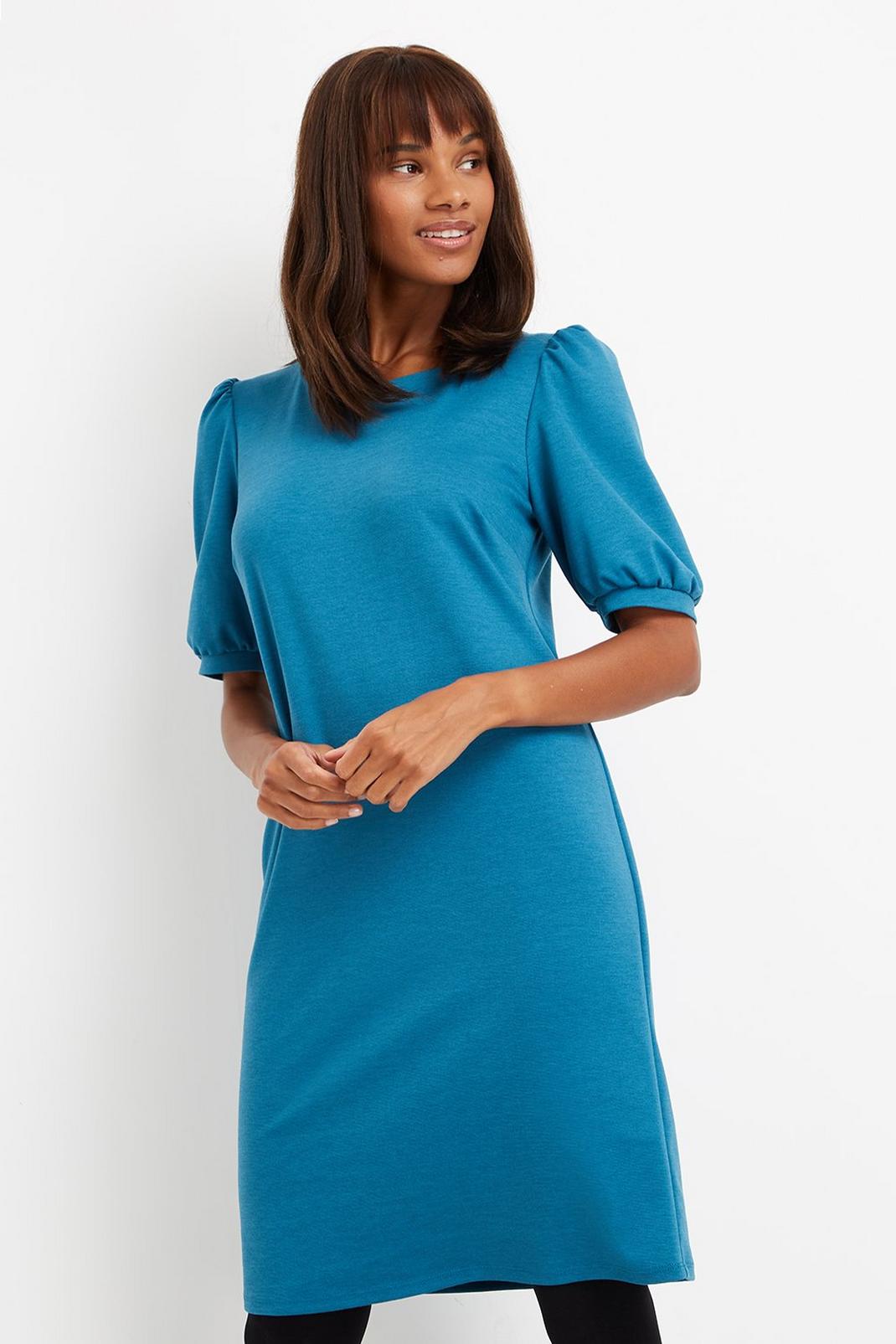 Teal Tall Puff Sleeve Ponte Shift Dress image number 1