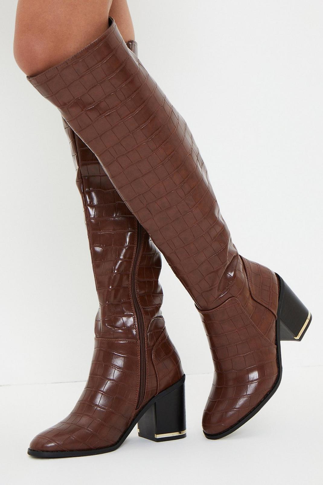 Chocolate Honor Croc High Heeled Long Boot image number 1