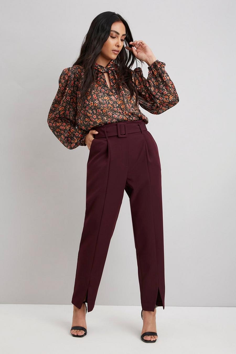 Petite Berry Belted Split Front Trouser