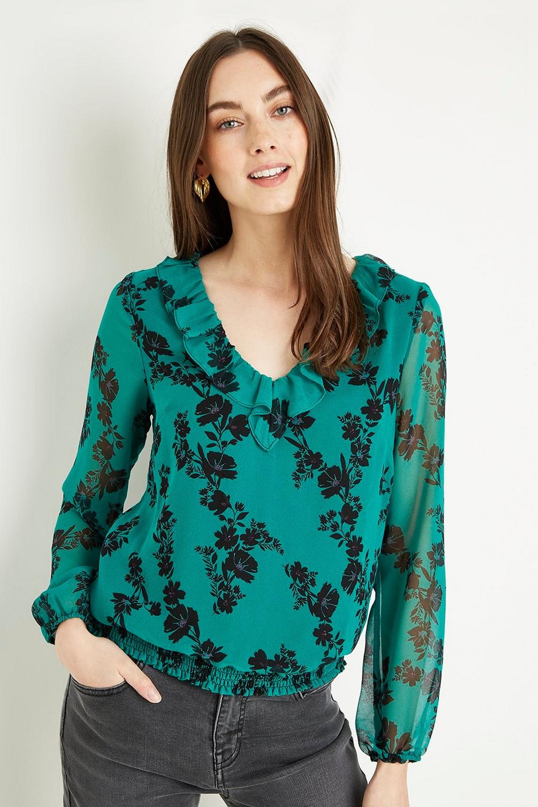 Green Trailing Floral Blouson Top image number 1