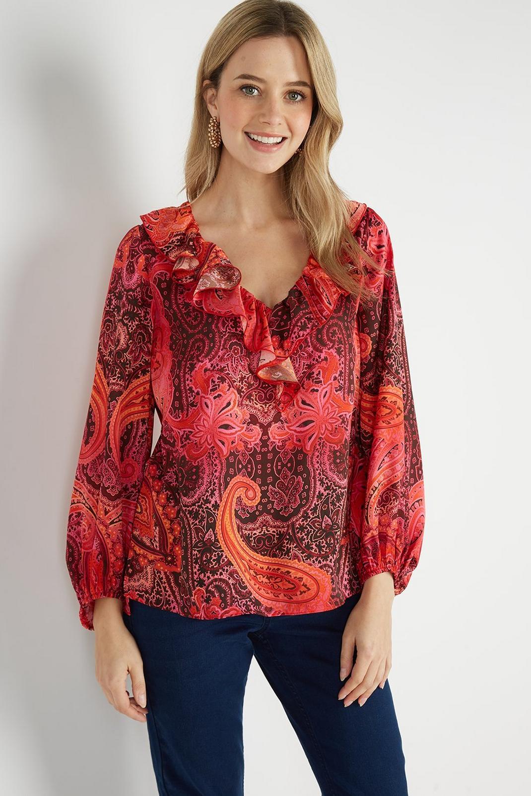 Petite Red Paisley Ruffle Neck Top image number 1