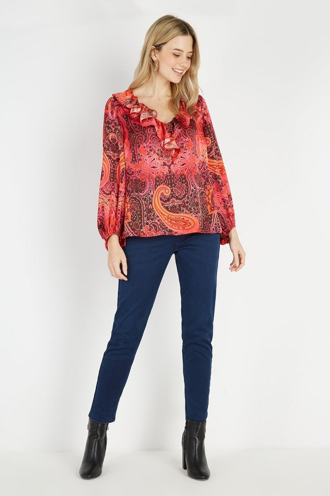 157 Petite Red Paisley Ruffle Neck Top image number 2