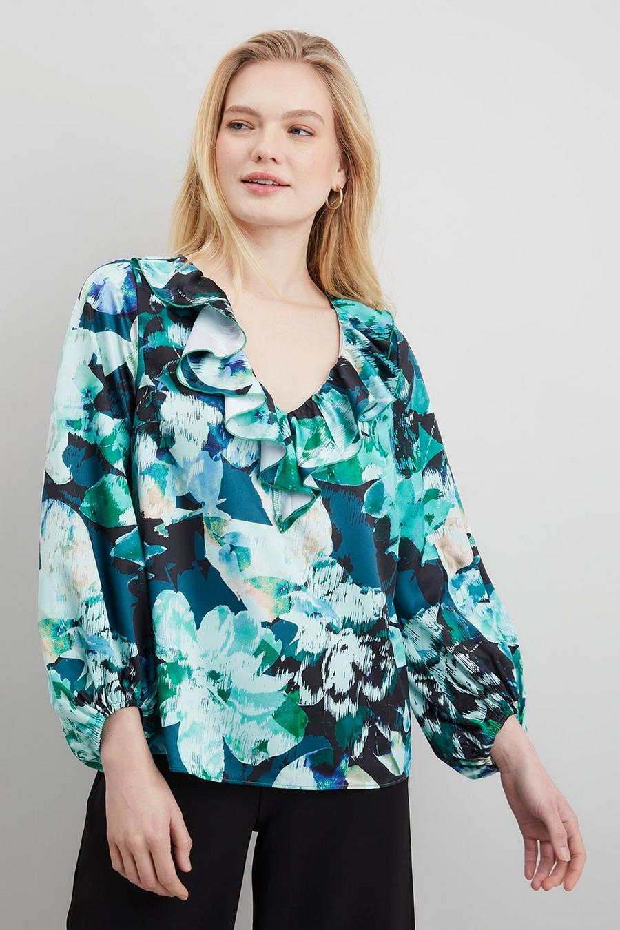 Petite Green Floral Ruffle Neck Top