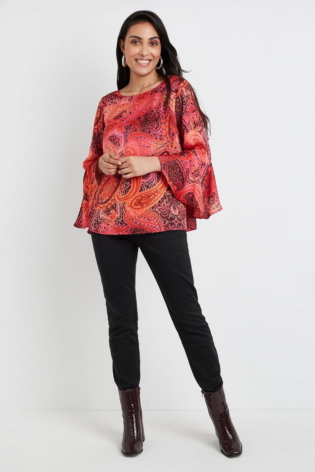 157 Petite Red Paisley Flute Sleeve Top image number 1