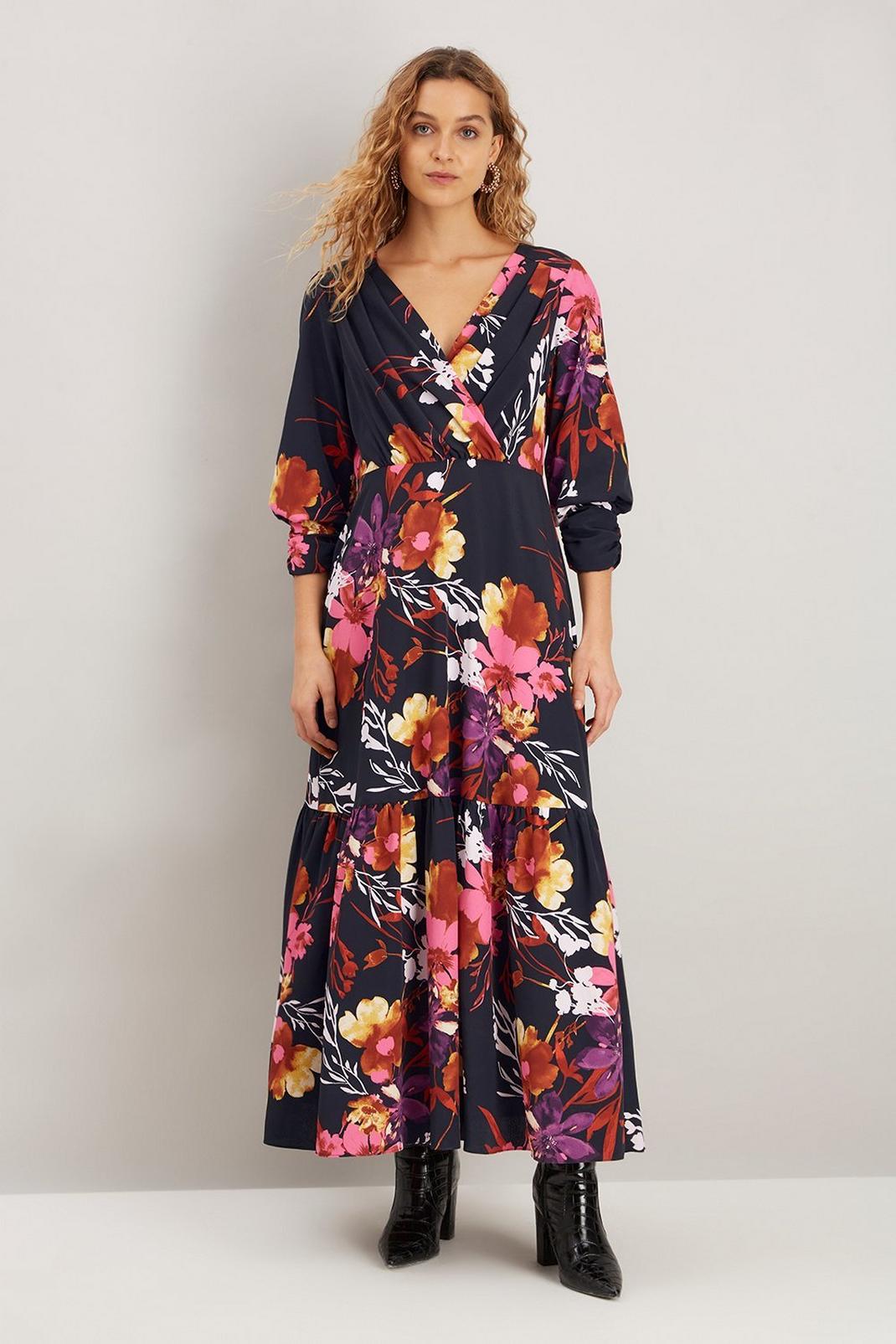 Black Pink Floral Ruched Cuff Midi Dress image number 1