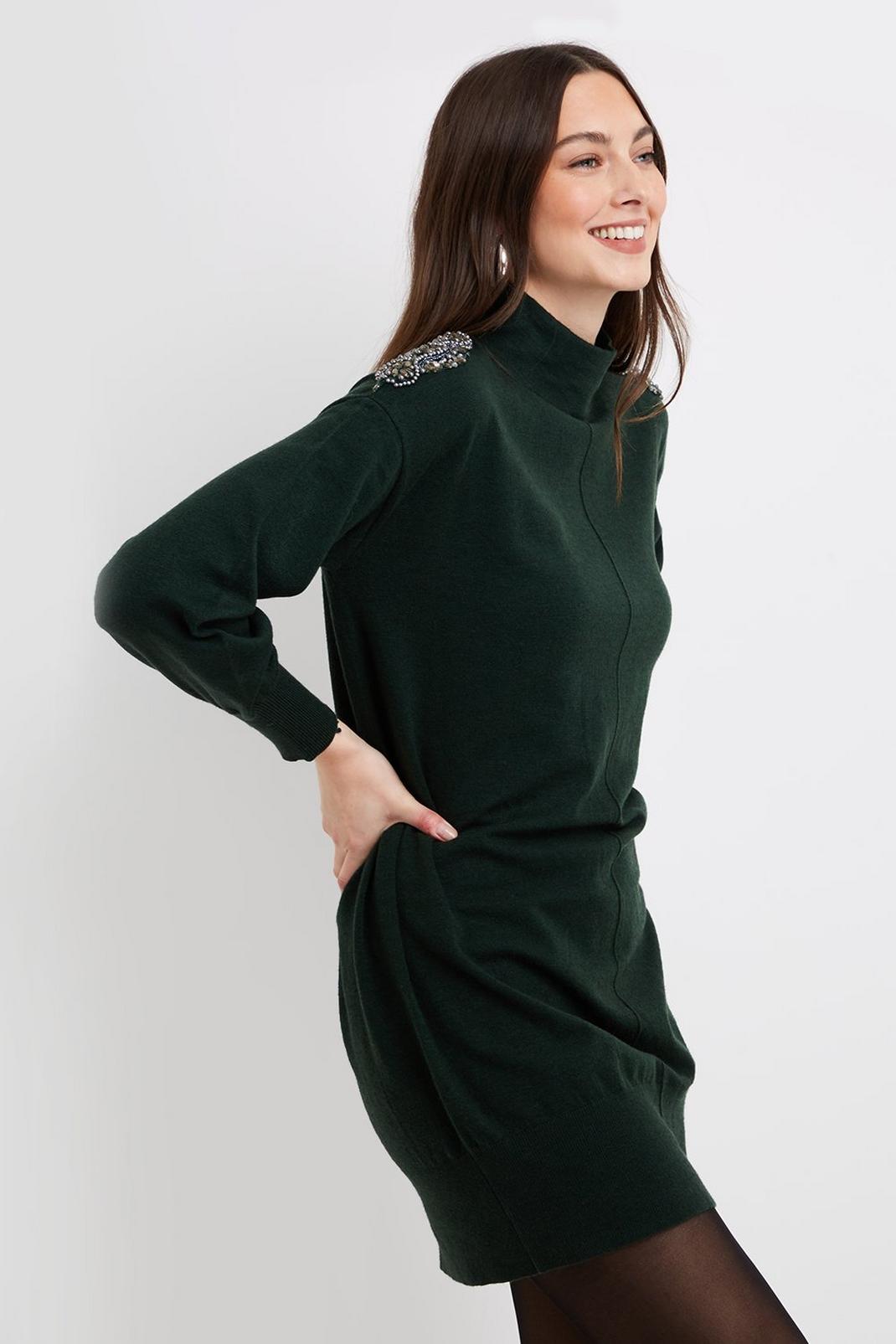 Green Embellished Patch Shoulder Knitted Dress image number 1