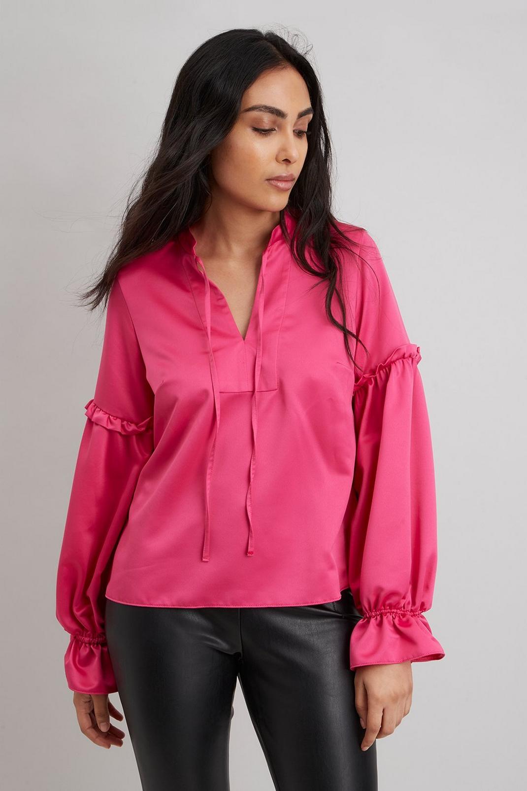 Hot pink Petite Pink Volume Frill Long Sleeve Top image number 1