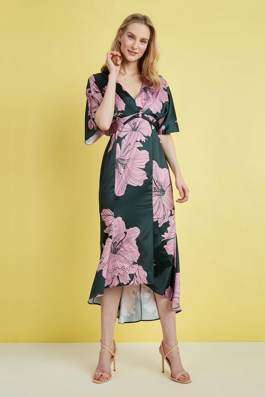 Green & Pink Floral Knot Front Dress