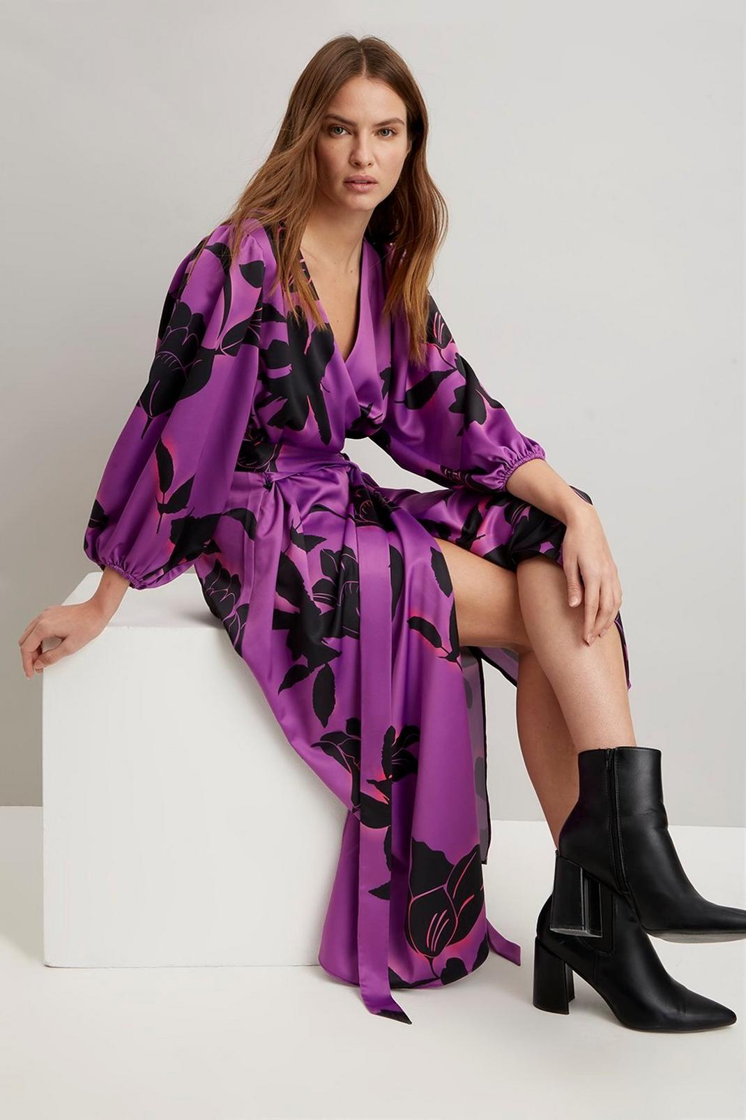 156 Purple Shadow Floral Wrap Belted Dress image number 2