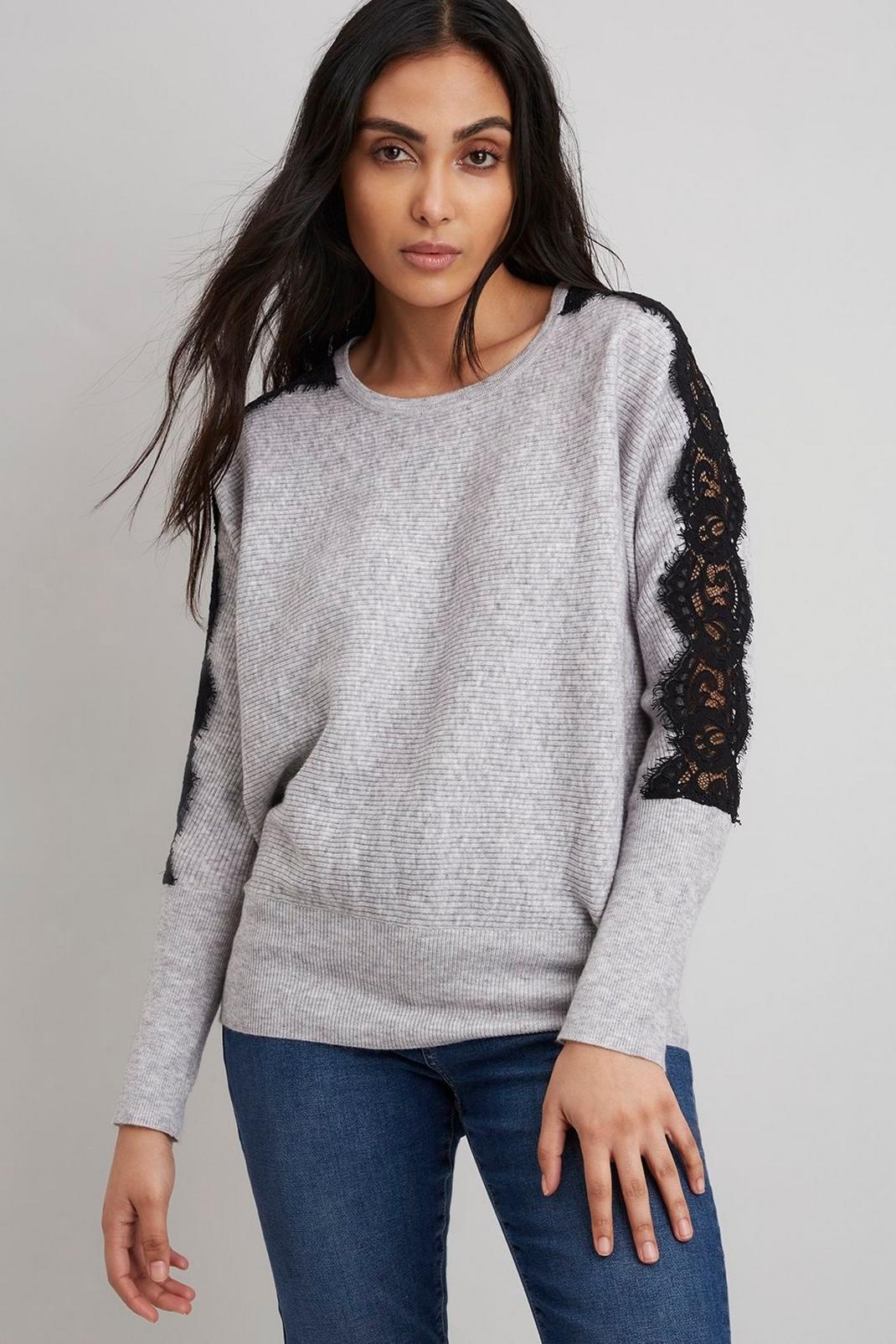 Grey Petite Lace Sleeve Backwing Jumper image number 1