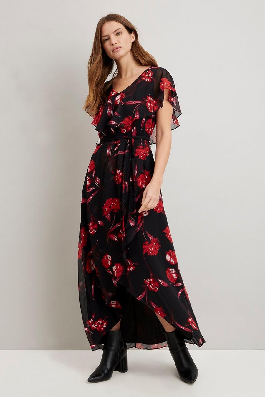 Red Sketch Floral Cape Sleeve Dress