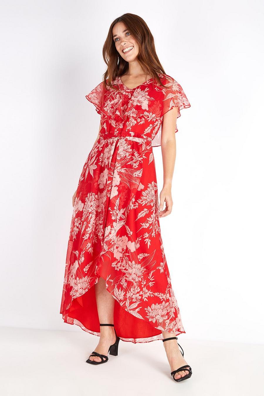 Petite Red Sketch Floral Cape Sleeve Dress