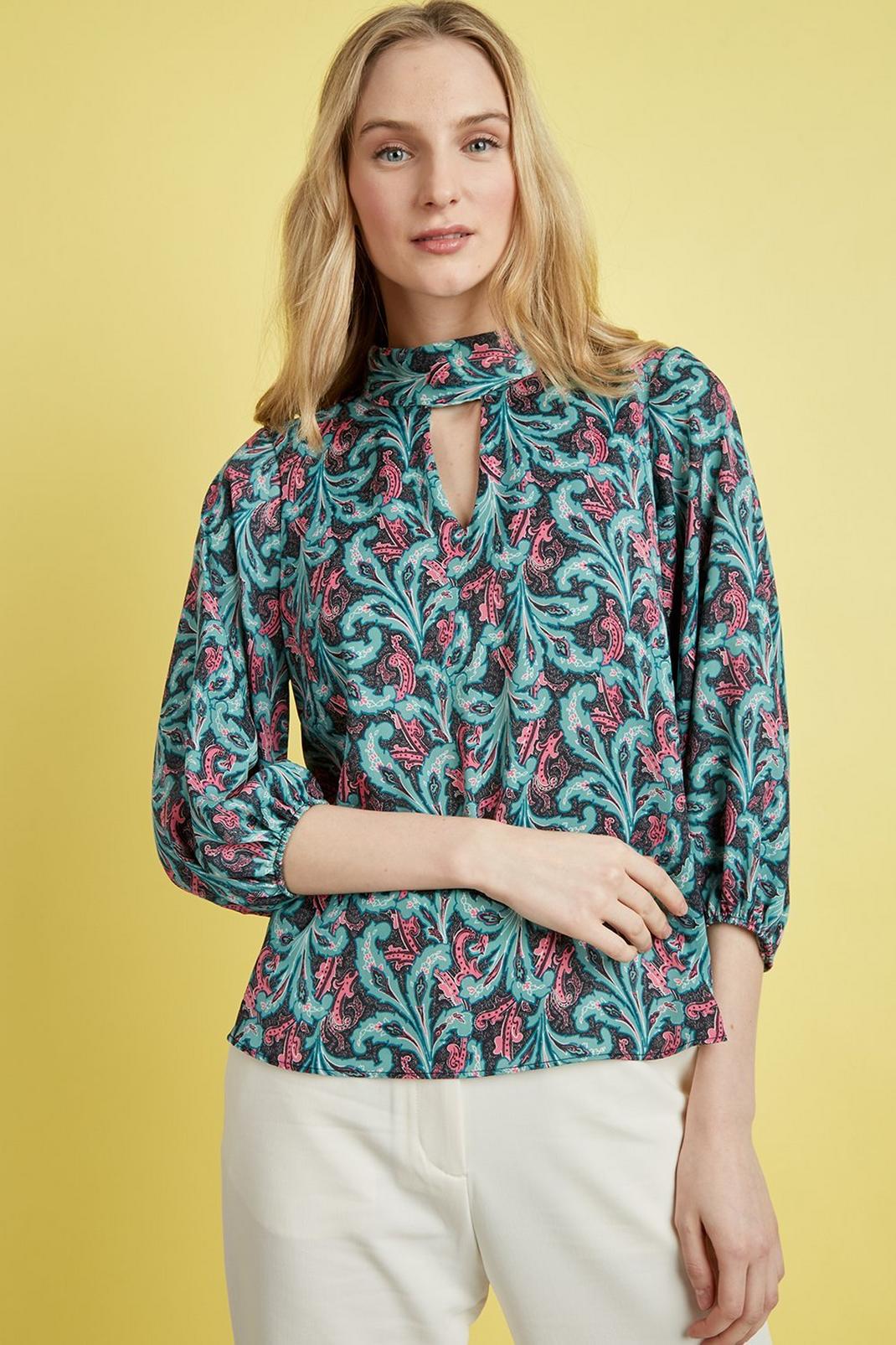 Green Petite Sparkly Paisley Wrap Belted Top image number 1