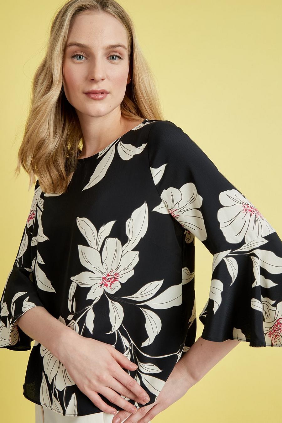 Petite Black And Pink Floral Flute Sleeve Top