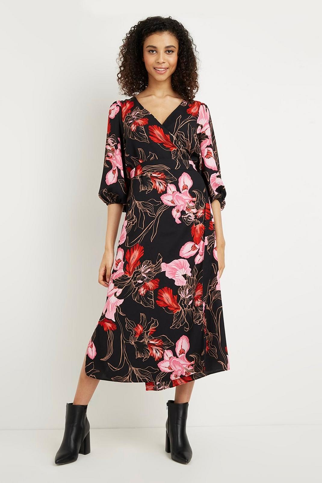 Black Petite Red And Pink Floral Wrap Belted Dress image number 1