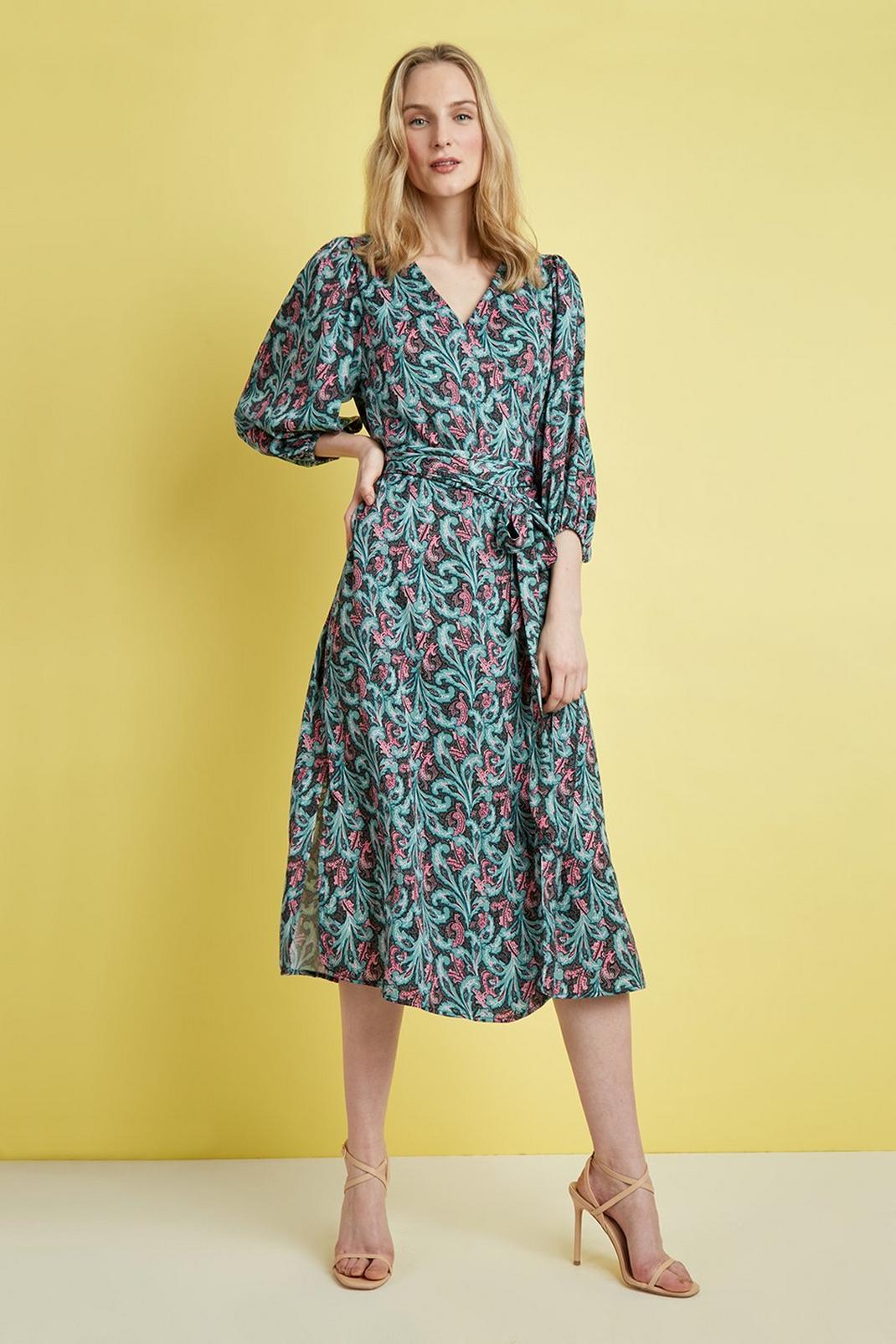 Petite Green Paisley Wrap Belted Dress image number 1