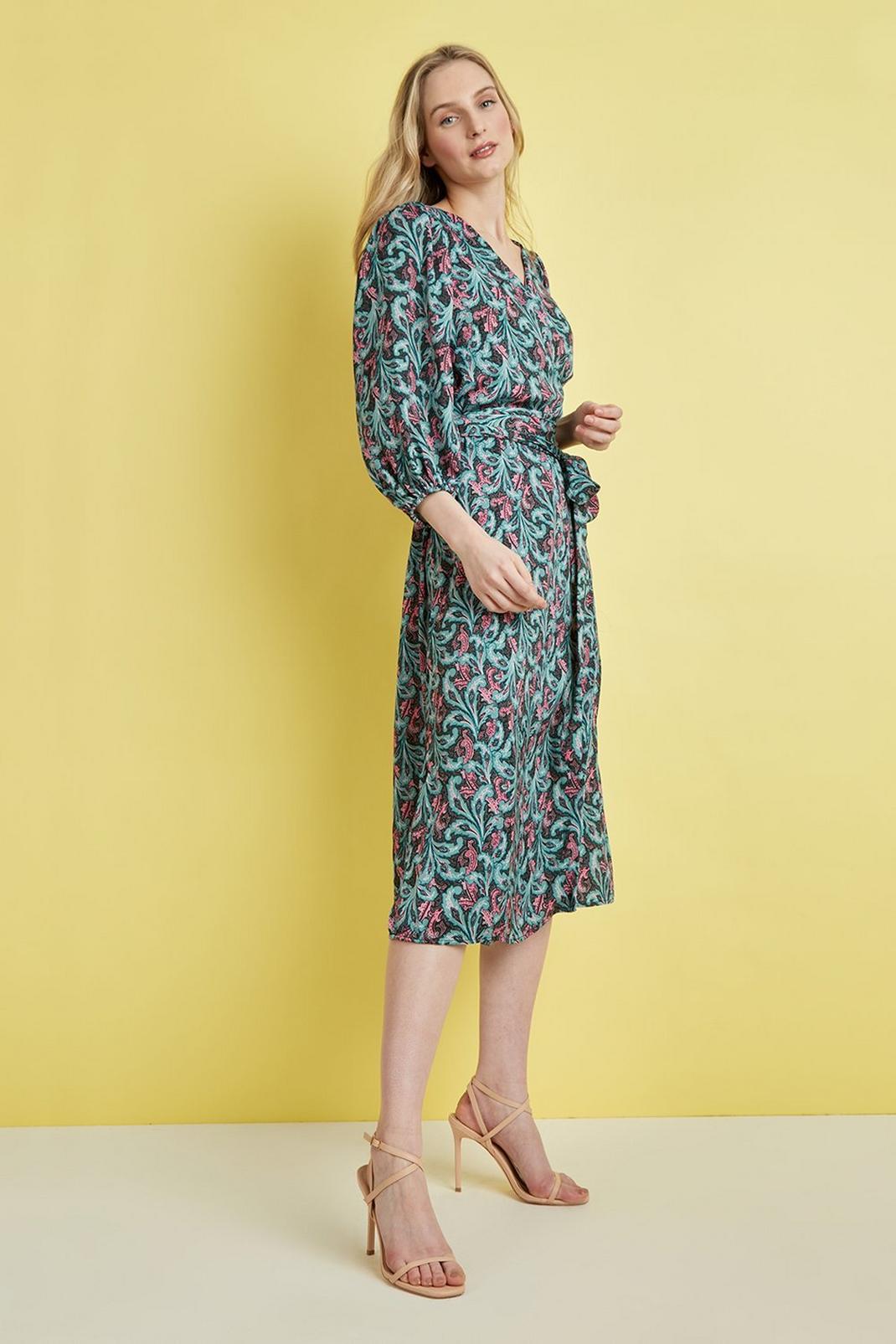 130 Petite Green Paisley Wrap Belted Dress image number 2