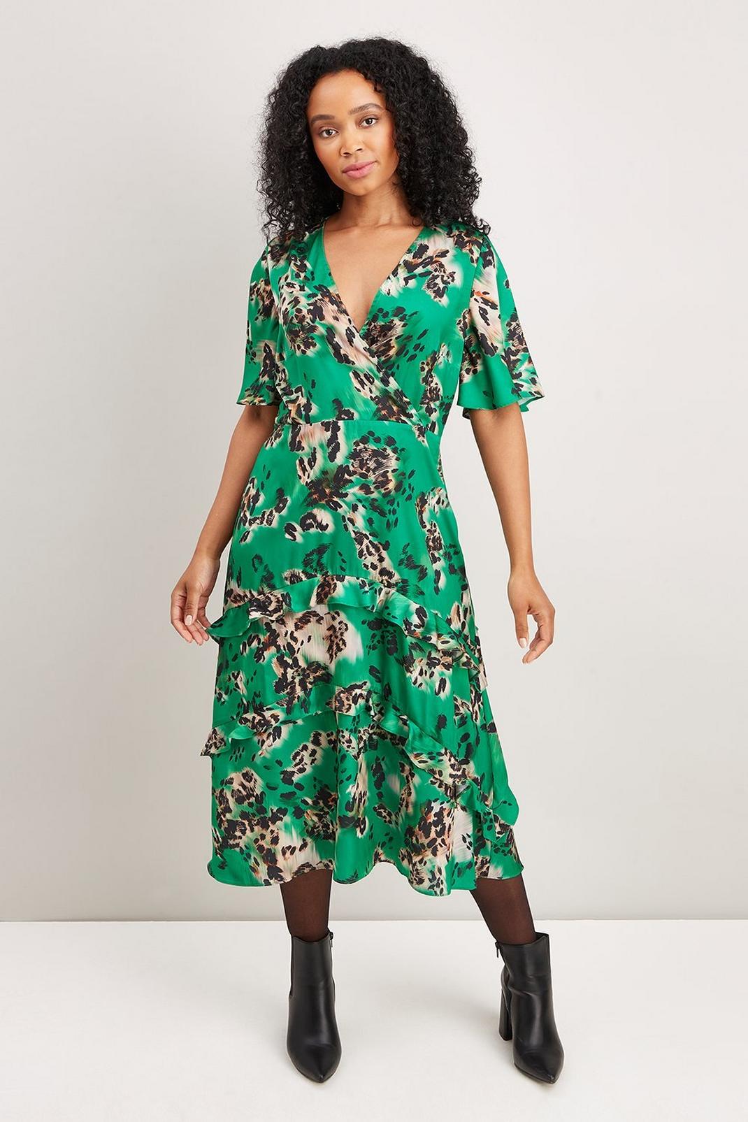 Green Petite Scattered Animal Tiered Midi Dress image number 1