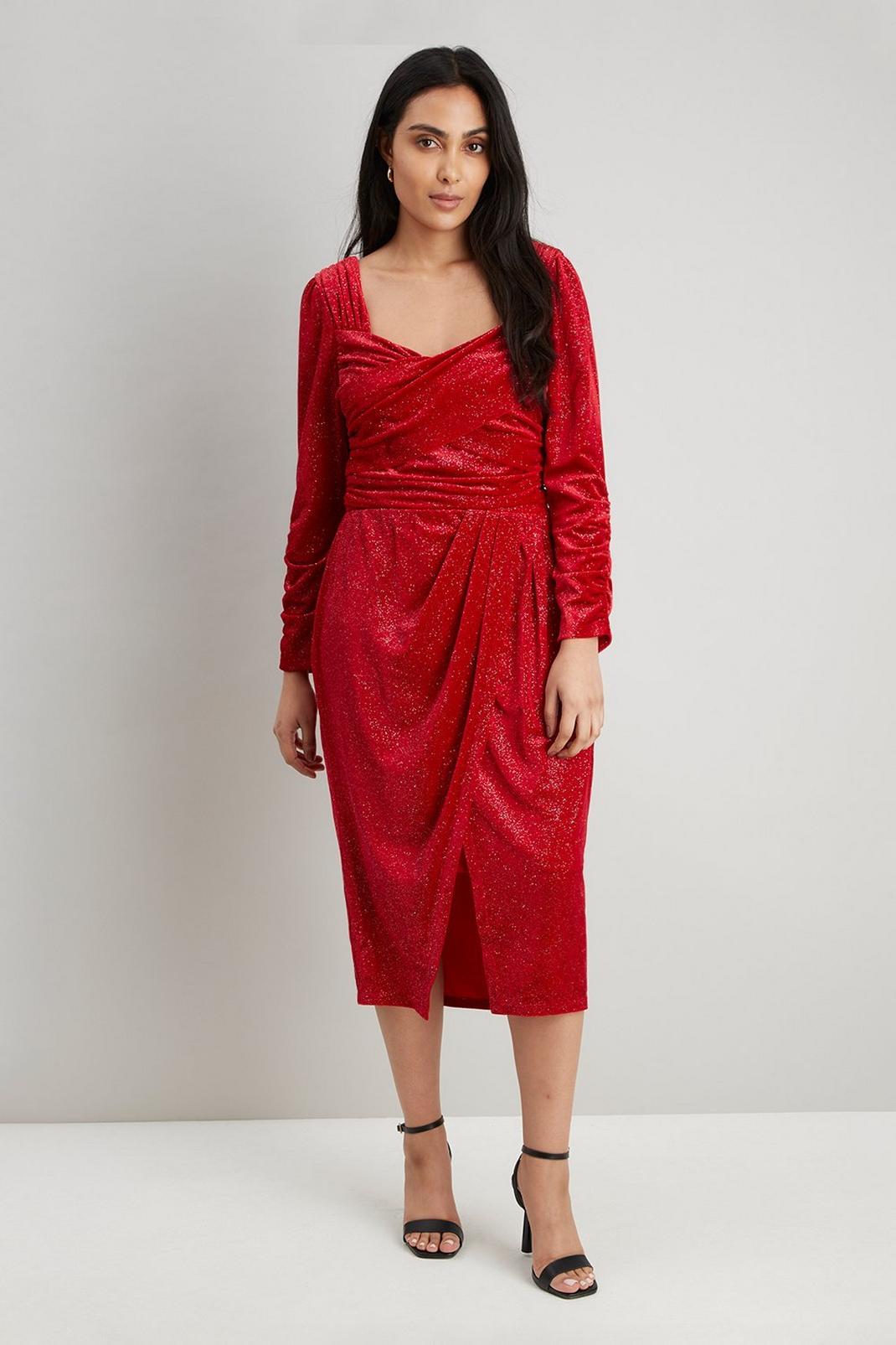 157 Petite Red Glitter Velvet Body Con Dress image number 1