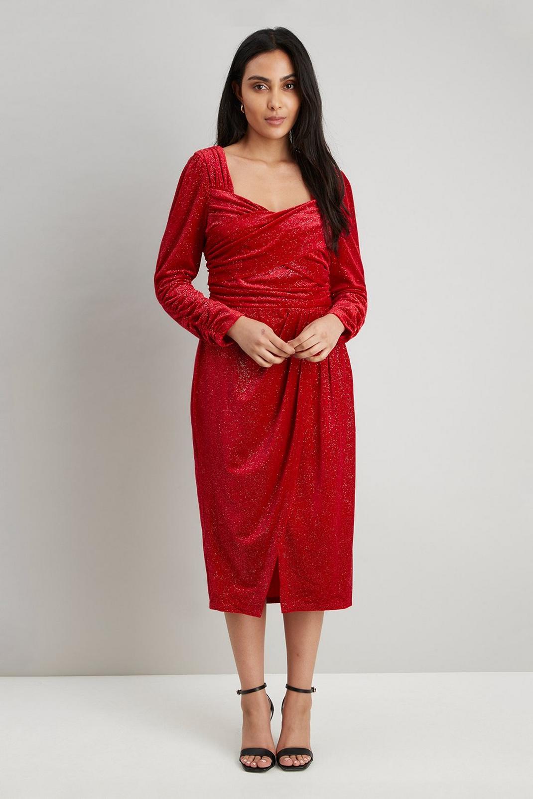 157 Petite Red Glitter Velvet Body Con Dress image number 2
