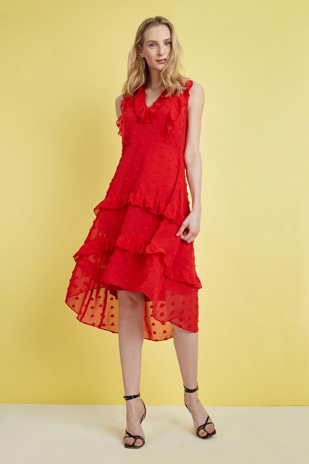 Red Petite Dobby Spot Ruffle Tiered Dress image number 1