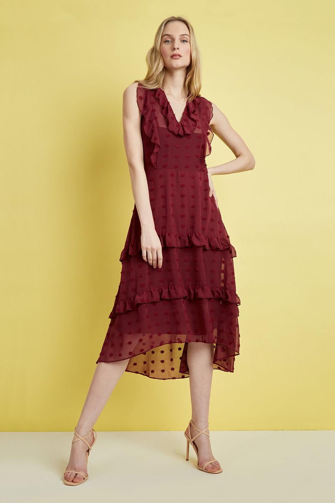 Berry Dobby Spot Ruffle Tiered Dress image number 1