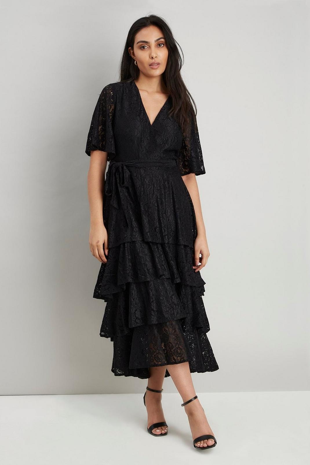105 Petite Black Lace Triple Tiered Dress image number 1
