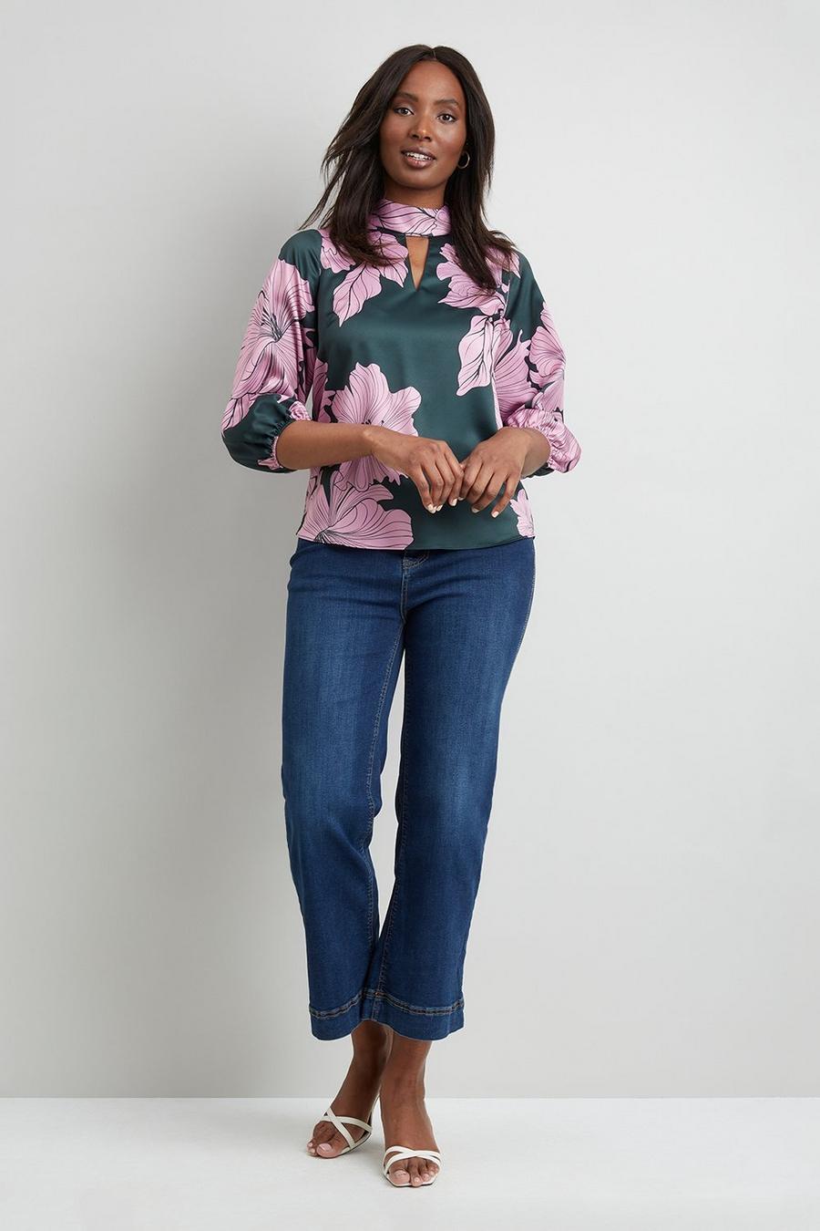 Green And Pink Floral Wrap Belted Top