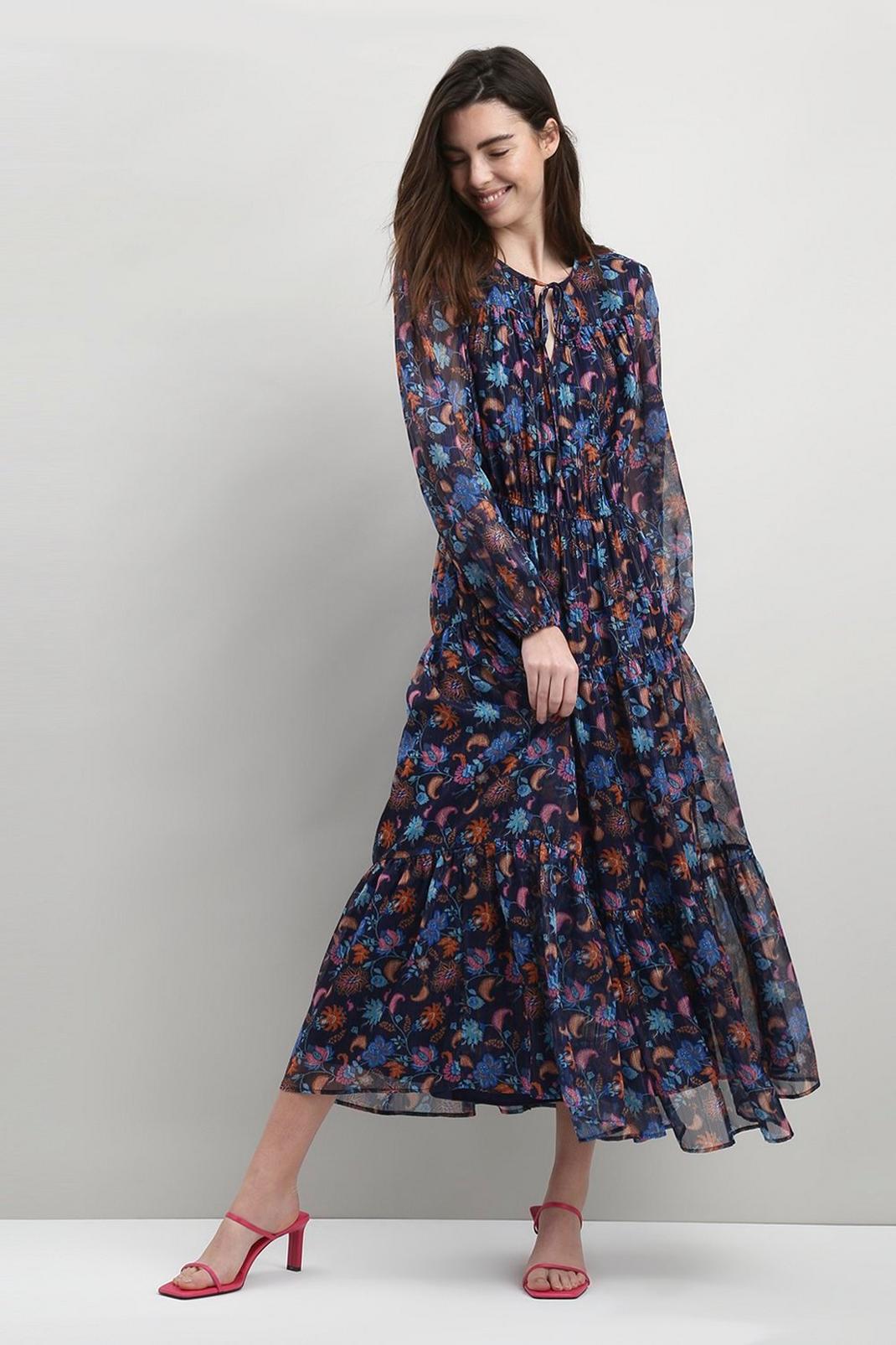 Navy Floral Rainbow Shimmer Midi Dress image number 1