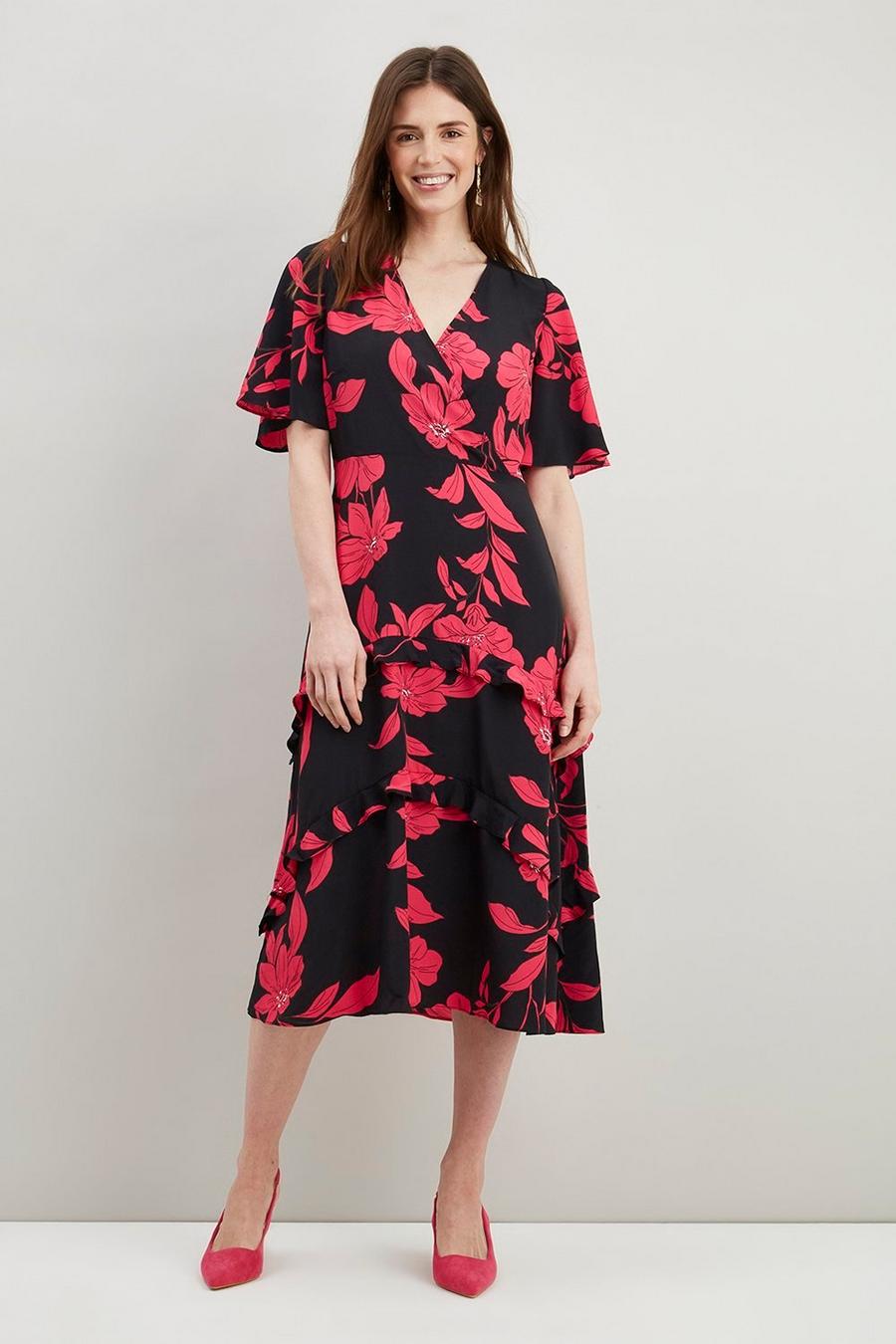 Black And Pink Floral Tiered Midi Dress