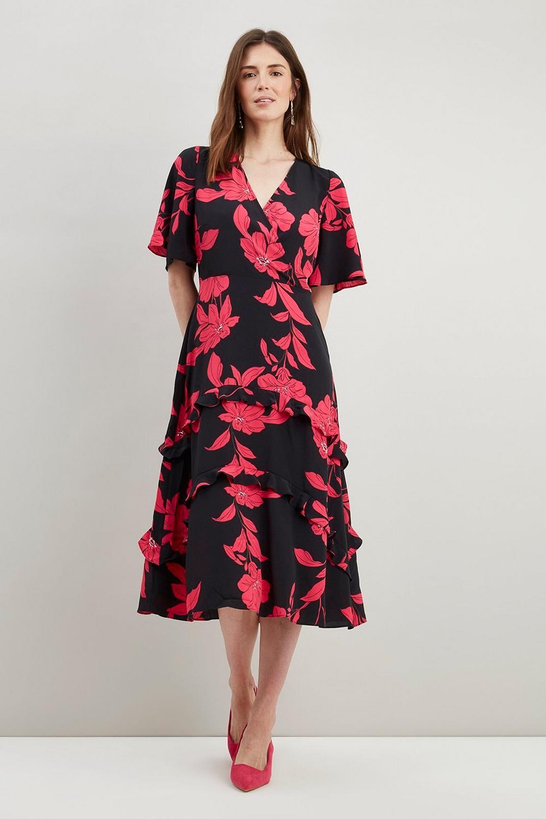 105 Black And Pink Floral Tiered Midi Dress image number 2
