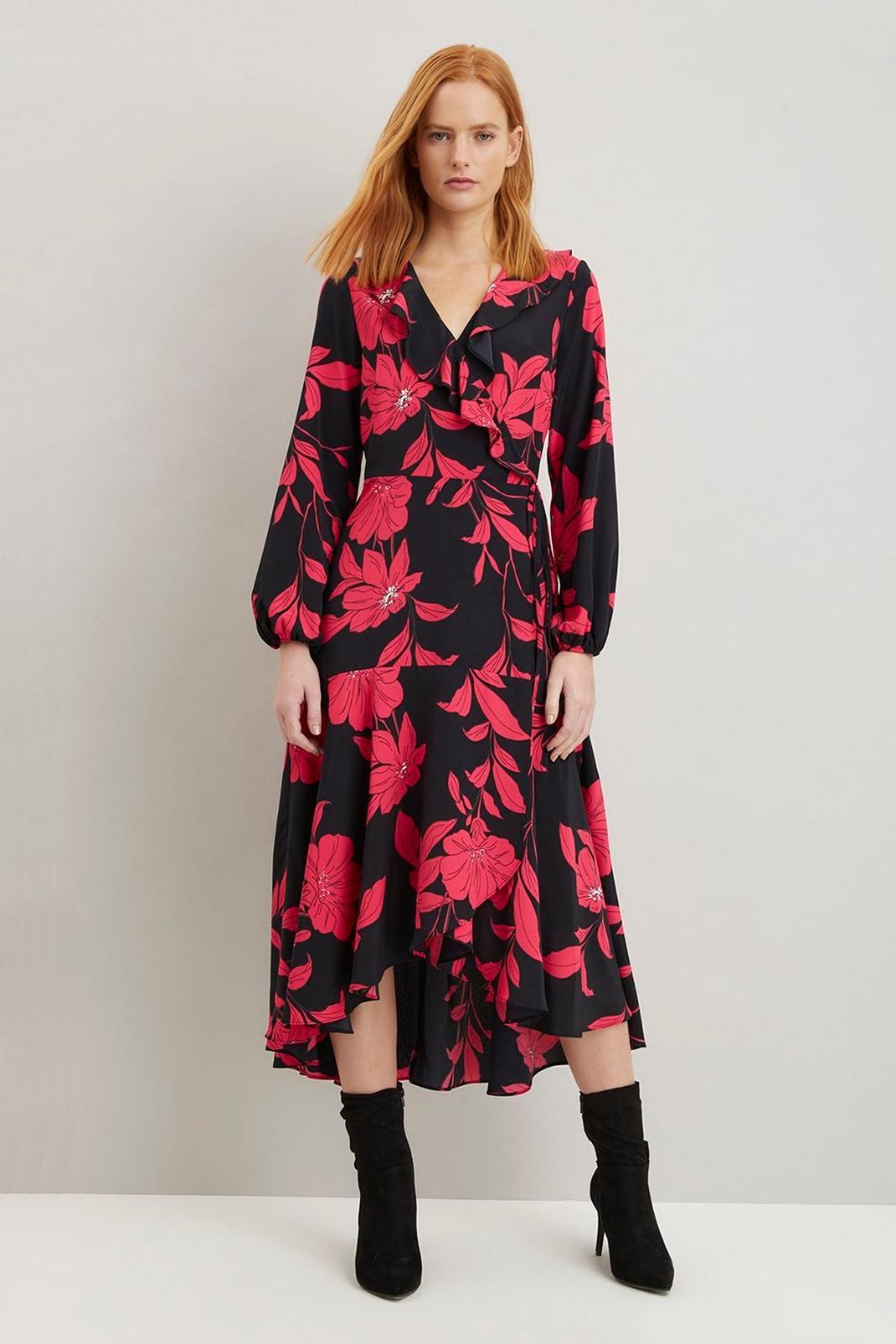 105 Black And Pink Ruffle Neck Wrap Dress image number 1
