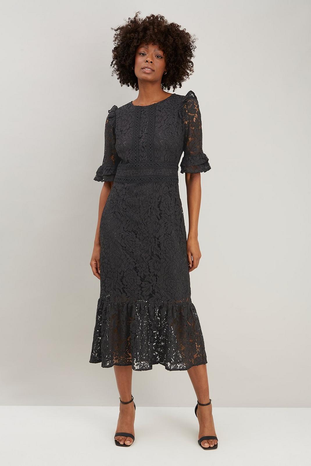 Black Lace Frill Sleeve Midi Dress image number 1