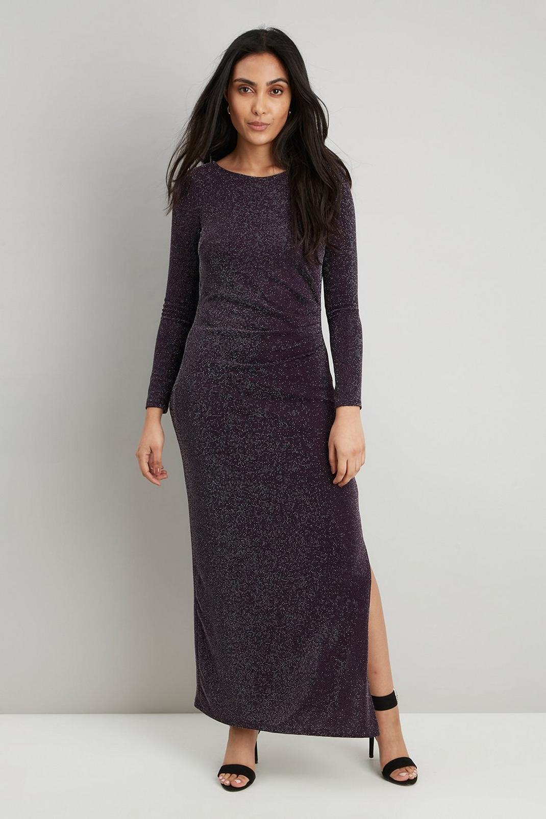 Blackcurrant Petite Shimmer Rouche Maxi Dress image number 1