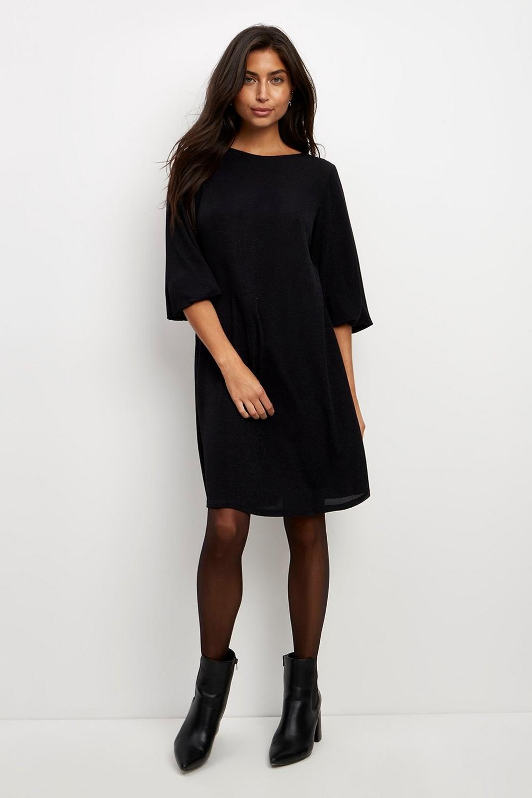 Black Shimmer Puff Sleeve Shift Dress image number 1