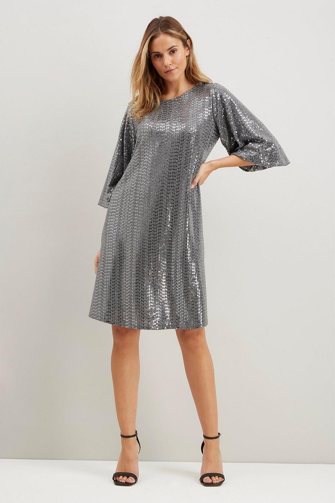 163 Sequin Puff Sleeve Shift Dress image number 1