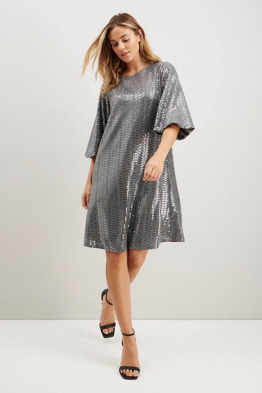 163 Sequin Puff Sleeve Shift Dress image number 2