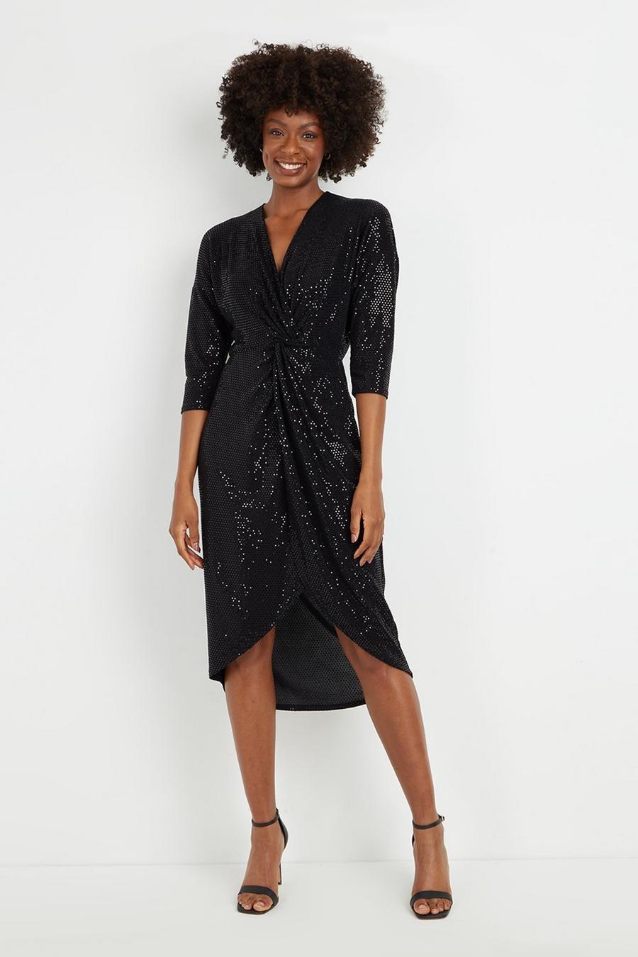 Black Twist Front Sequin Dress