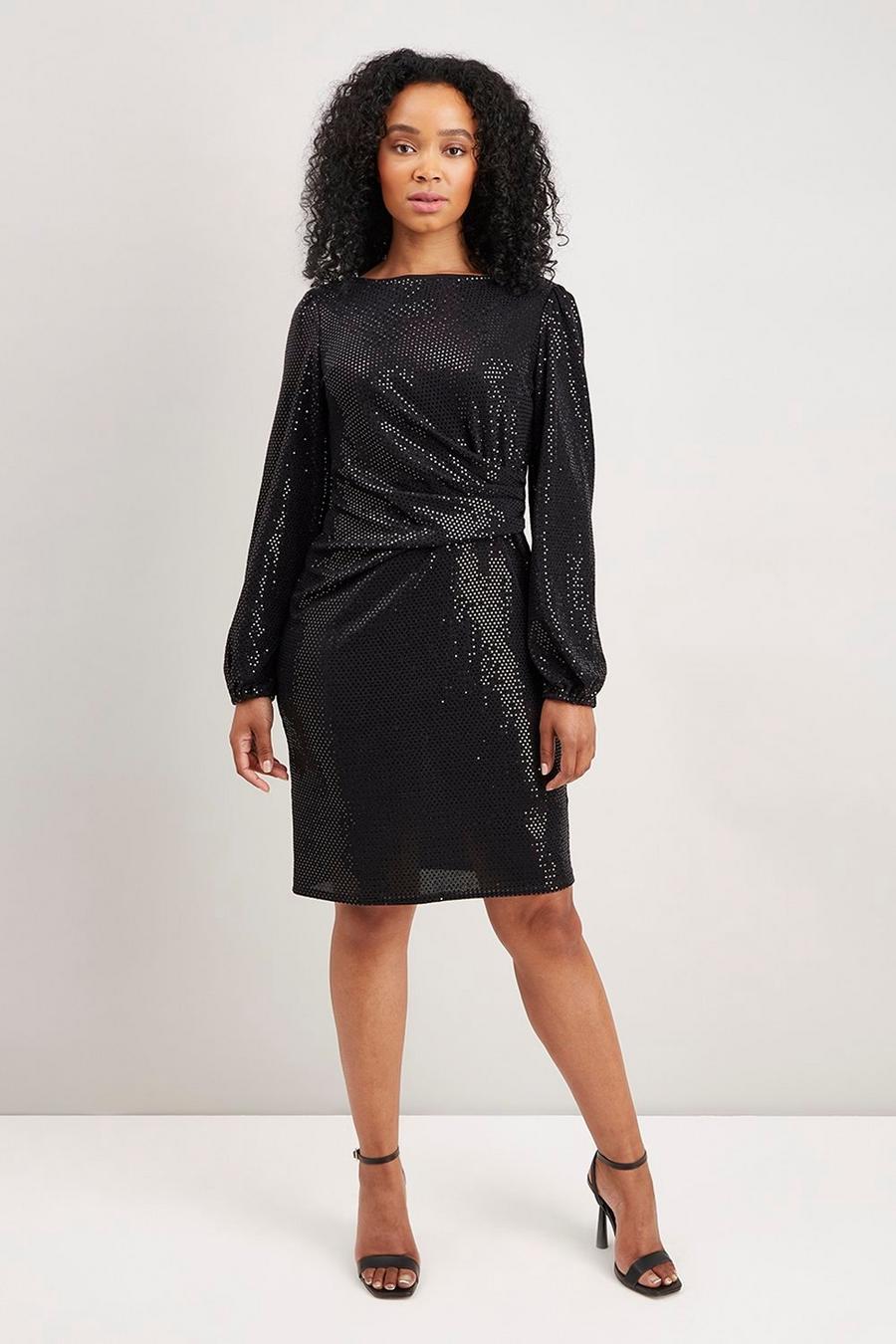Petite Black Sequin Ruched Side Dress