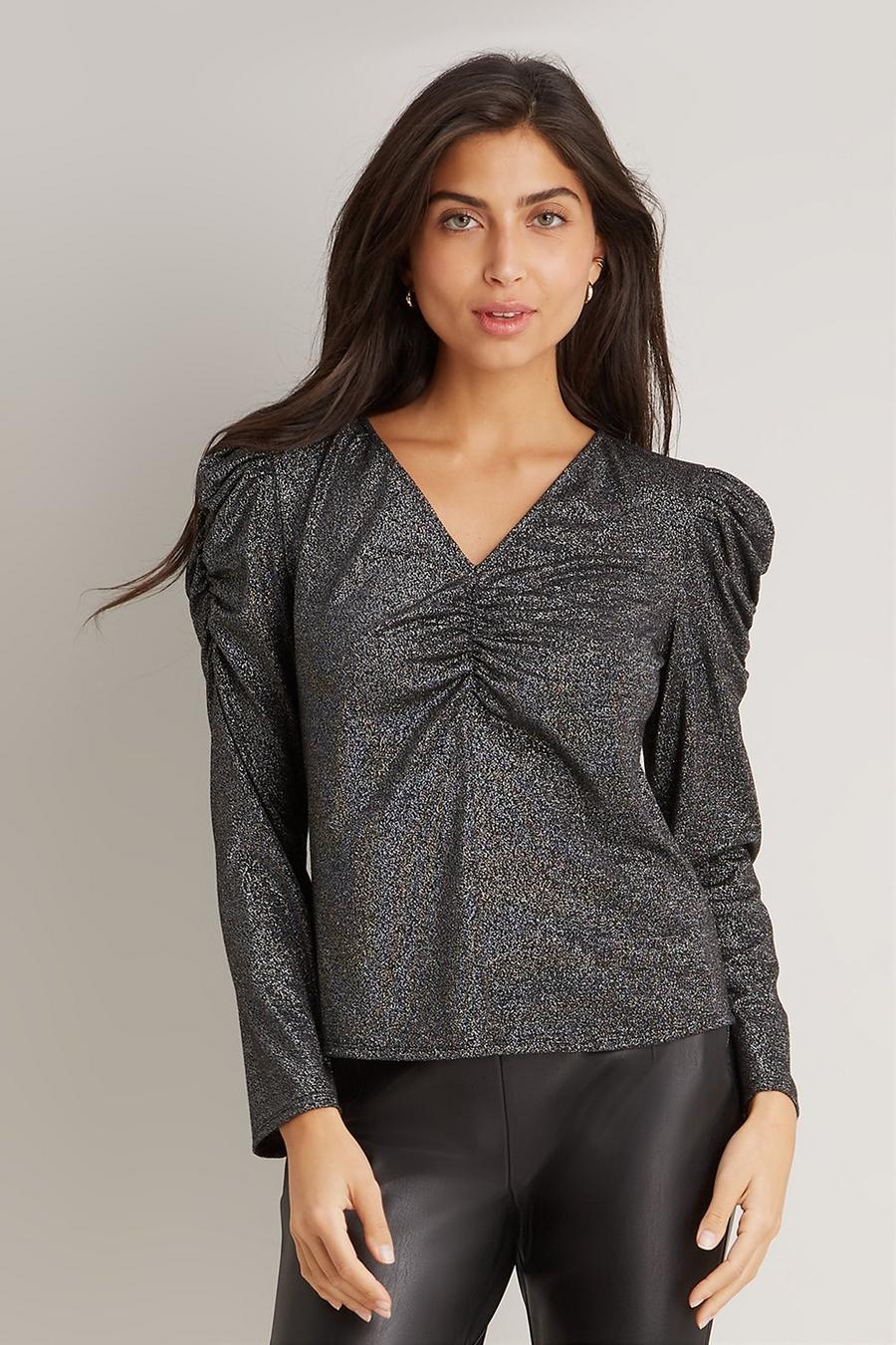 Black Sparkly Ruched Sleeve Top