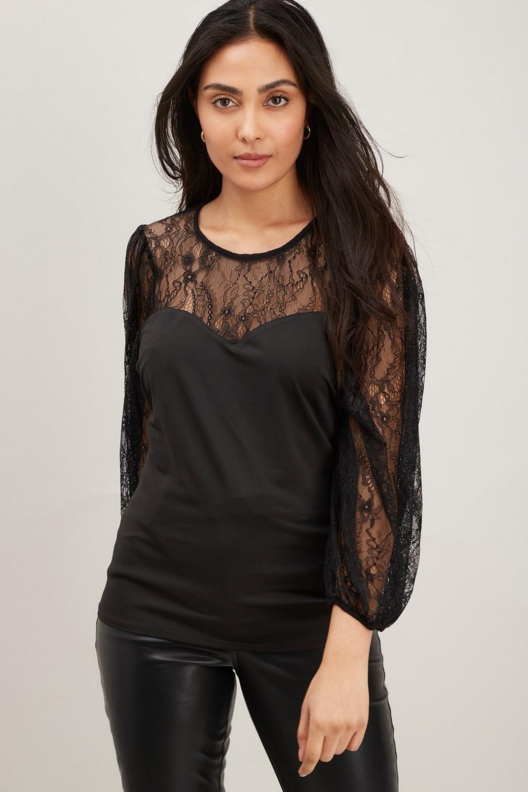 105 Petite Black Lace Sweetheart Top image number 1