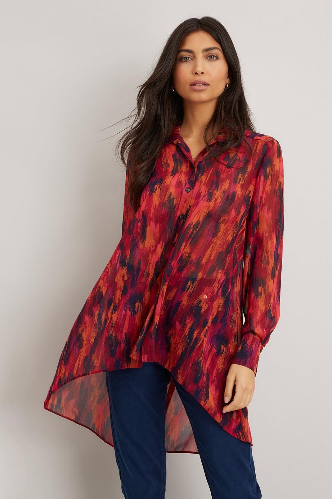 104 Berry Abstract Smudge Print Longline High Low Shirt image number 1