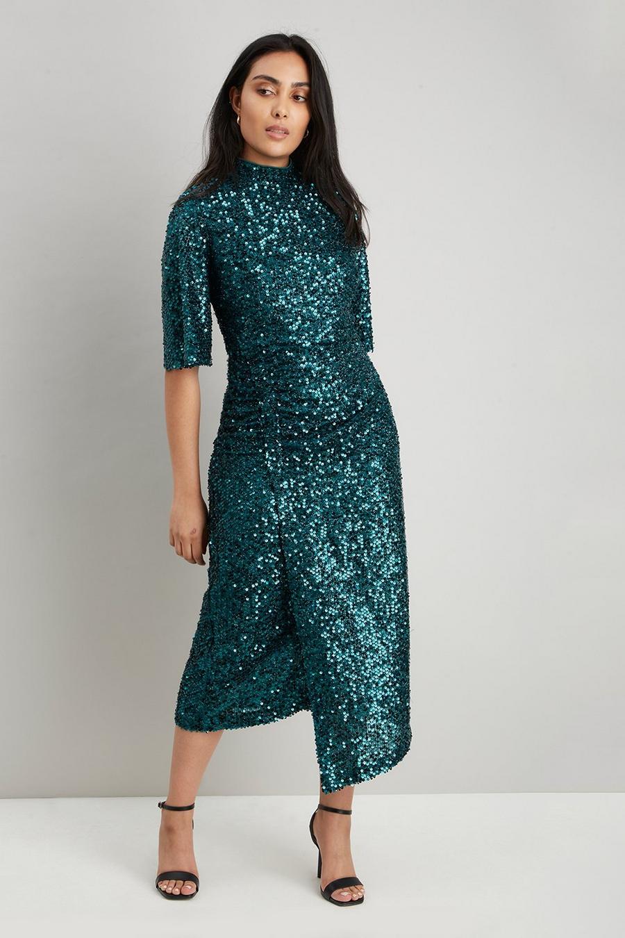 Petite Green Sequin Ruched Side Dress