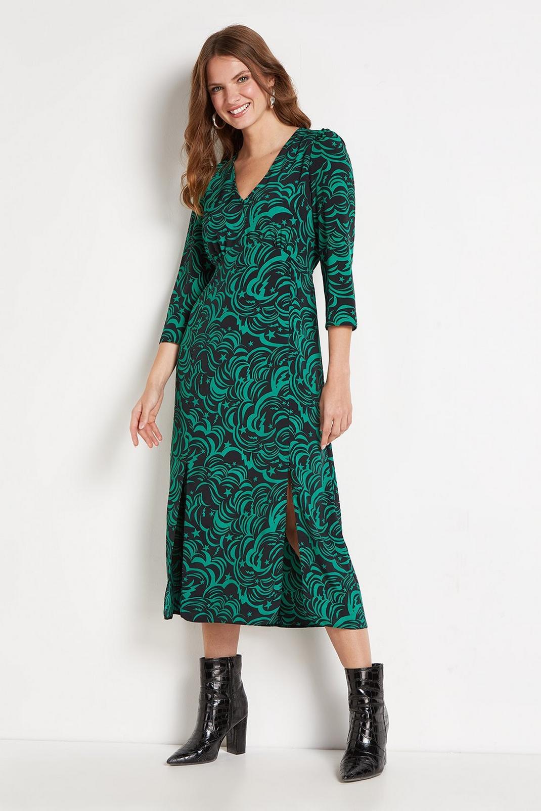 Green Galaxy Print Puff Sleeve Dress image number 1