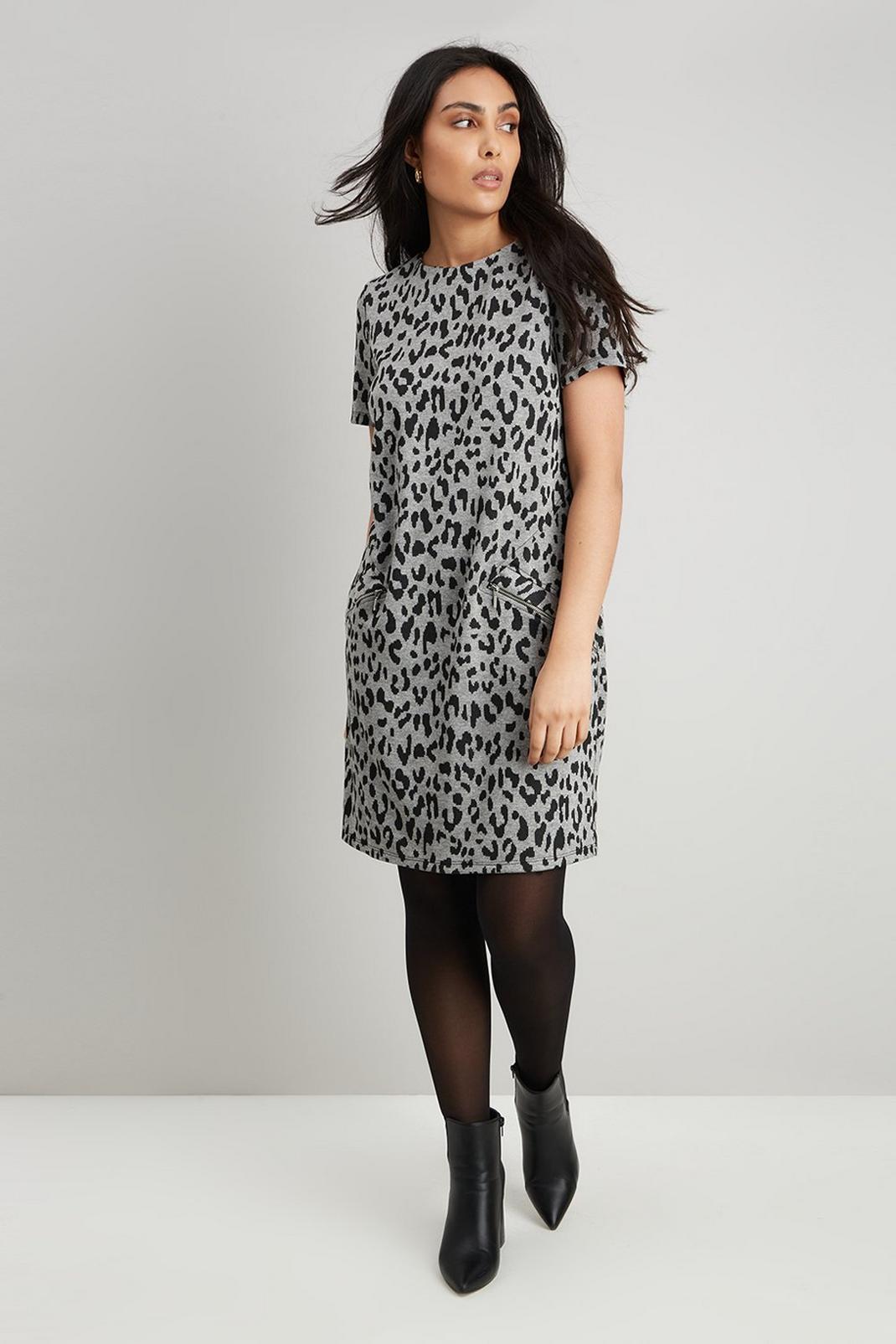 Grey Petite Animal Jacquard Jersey Pocket Dress image number 1