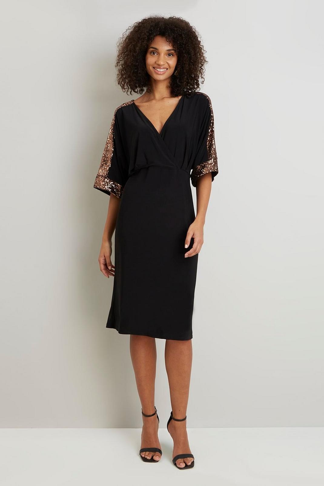 Black Sequin Trim Wrap Jersey Dress image number 1