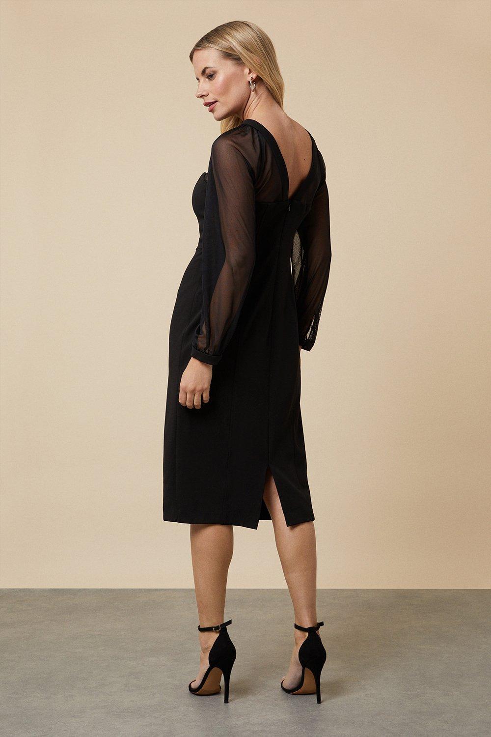 Petite Black Ponte Mesh Sleeve Dress