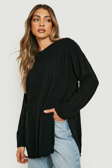 Side Split Moss Stitch Tunic Sweater black
